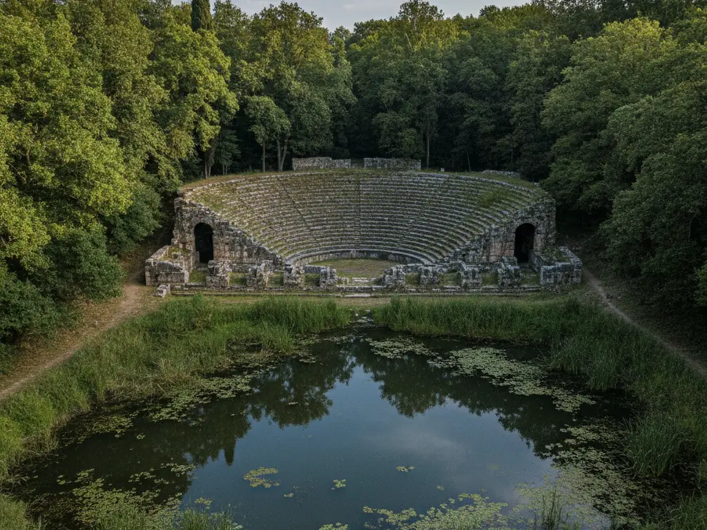 Butrint's ancient Greek amphitheater ruins surrounded by dense forest and wetlands.