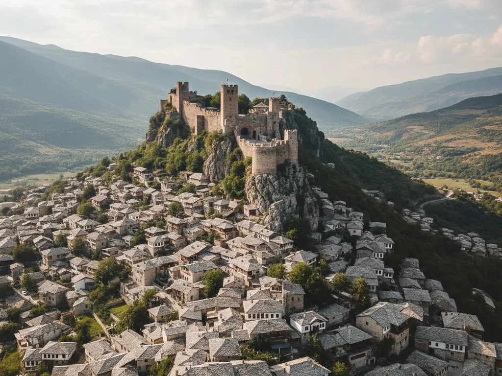 Gjirokastra's stone fortress overlooking gray slate-roofed houses on the mountainside.
