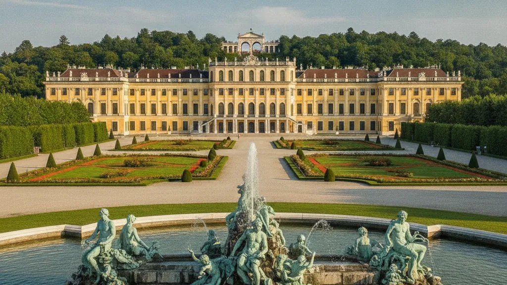 Schönbrunn Palace yellow baroque facade with manicured gardens and Neptune fountain in Vienna.