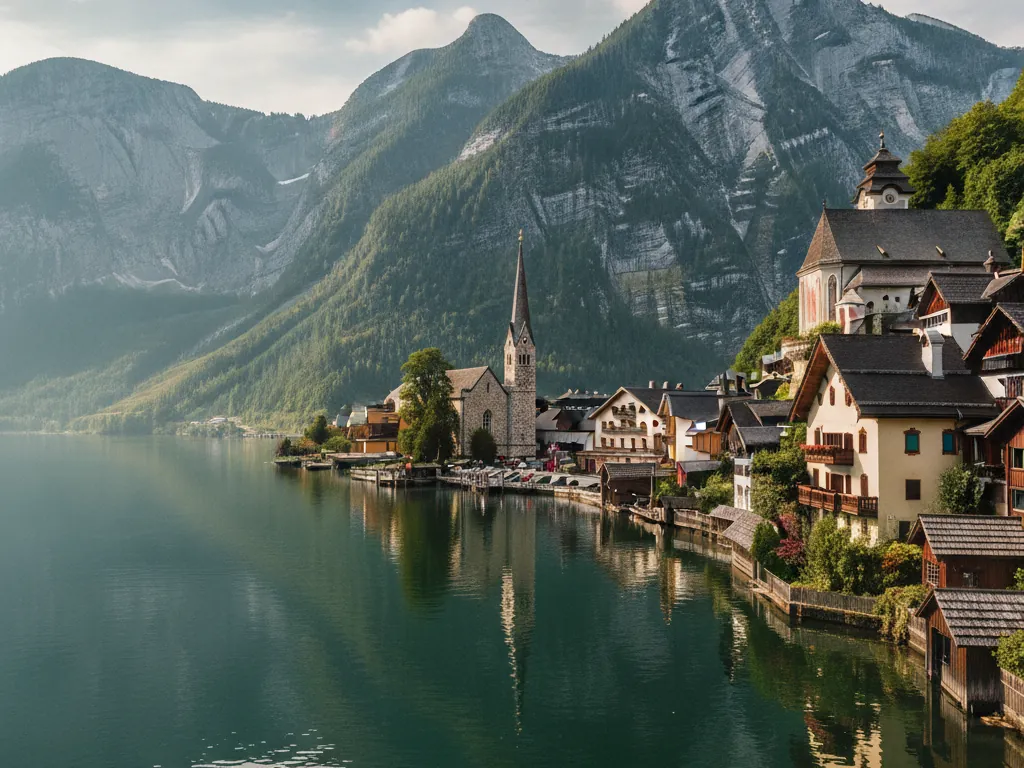 Hallstatt village wooden houses reflecting in alpine lake surrounded by Dachstein mountains.