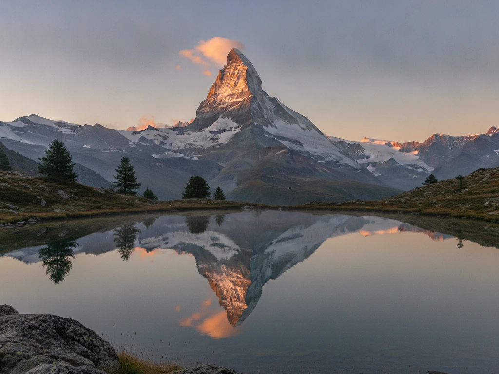 Matterhorn's pyramidal peak reflecting in Riffelsee lake at golden sunrise