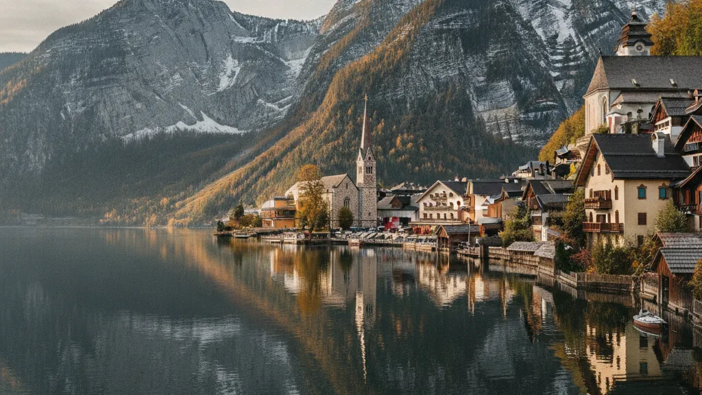 Hallstatt village wooden houses reflecting in alpine lake surrounded by Dachstein mountains.