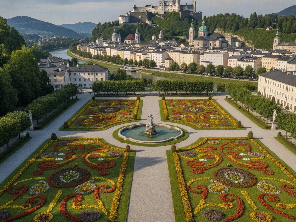 Mirabell Gardens geometric flowerbeds with Hohensalzburg Fortress overlooking Salzburg cityscape behind.