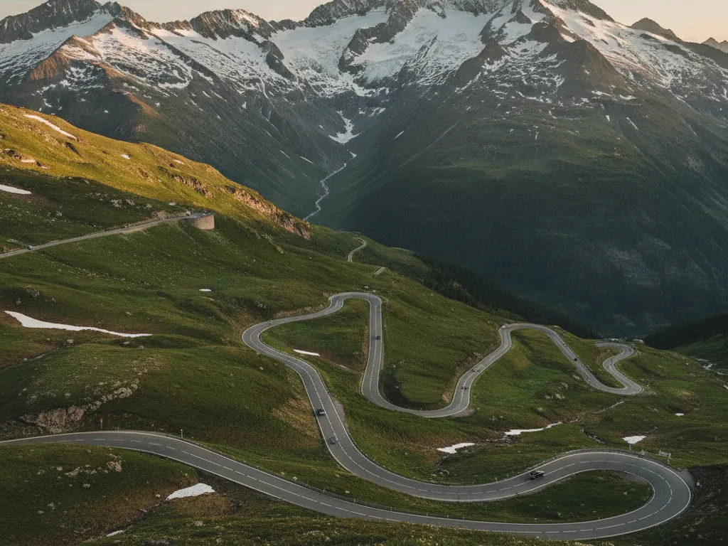 Grossglockner High Alpine Road winding through snow-capped peaks and green meadows.