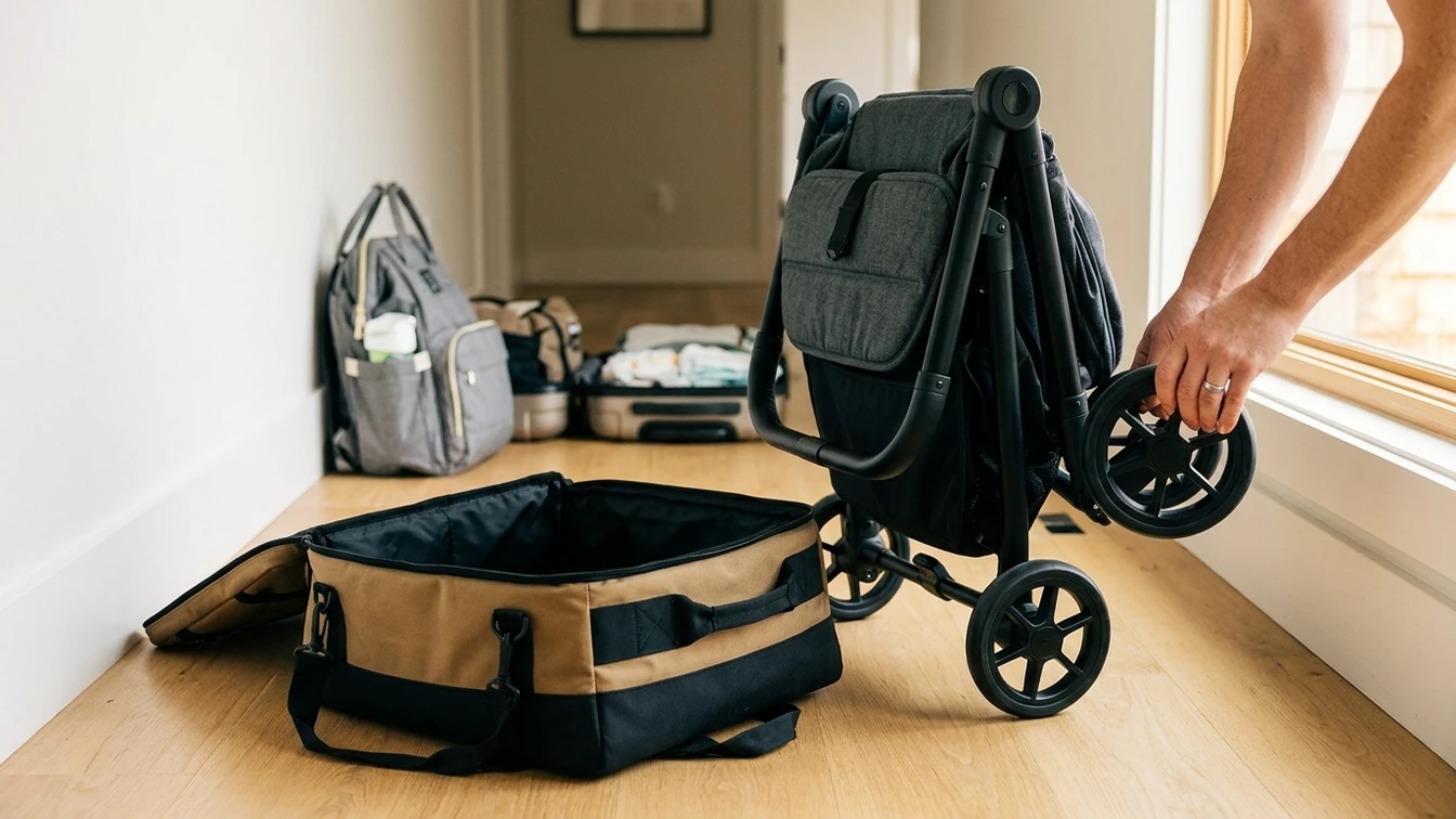 Step by step packing stroller into travel bag