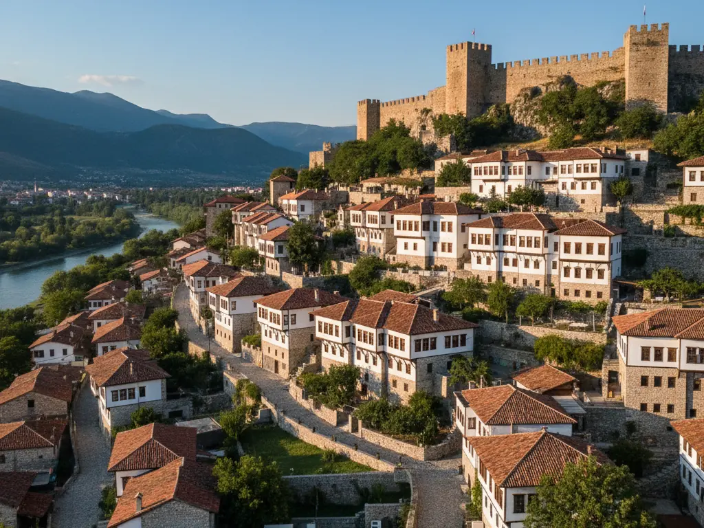 Berat's white Ottoman houses climbing the hillside below the medieval castle walls.
