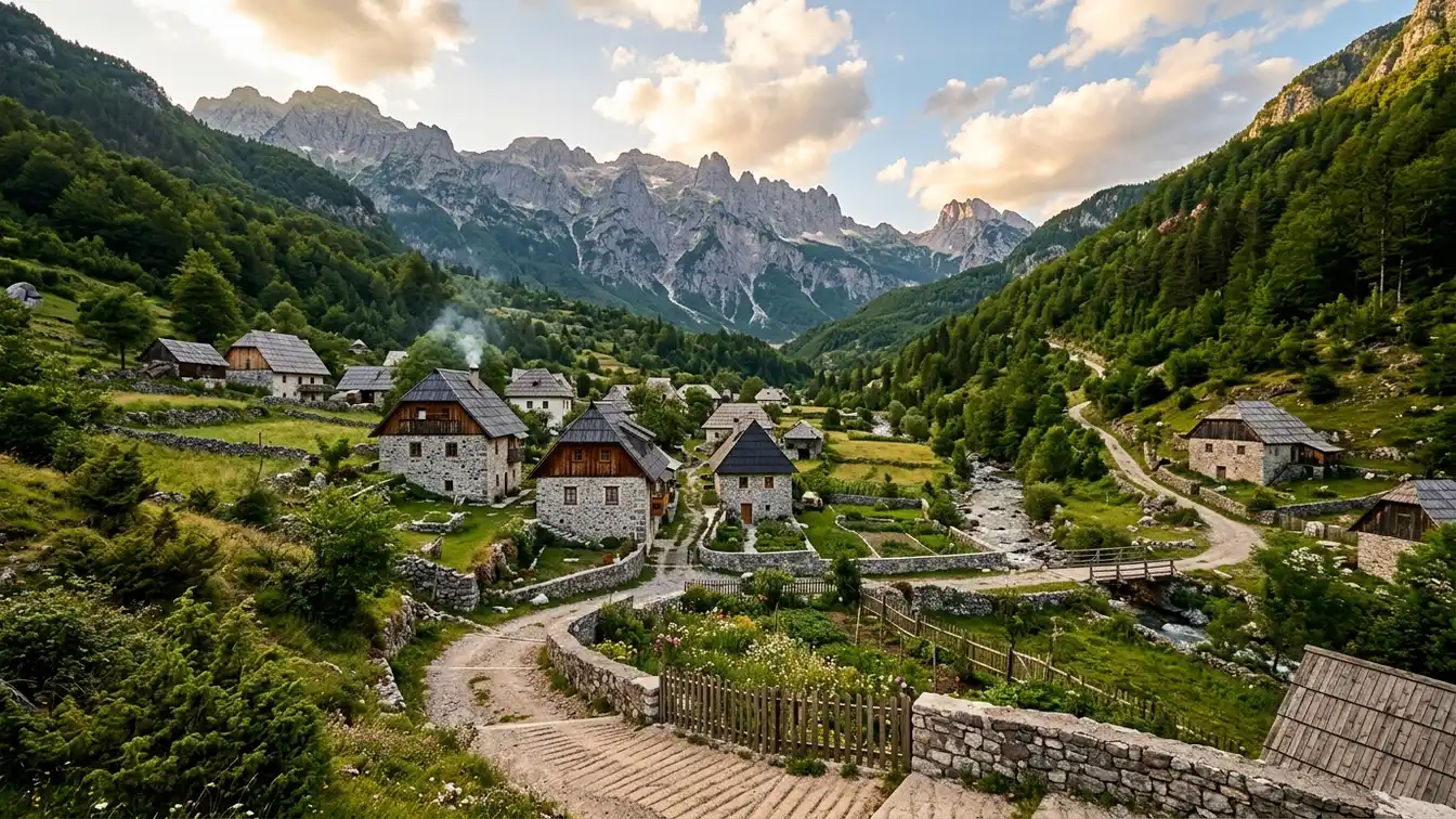 Stone houses Theth mountain village Albania