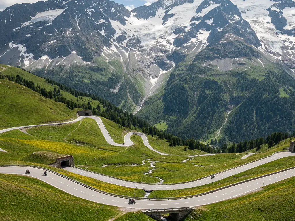 Grossglockner High Alpine Road winding through snow-capped peaks and green meadows.