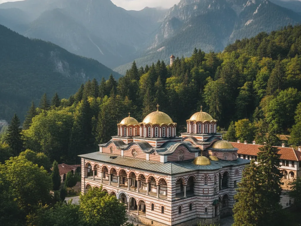Rila Monastery's striped arches and golden domes nestled in forested mountains.