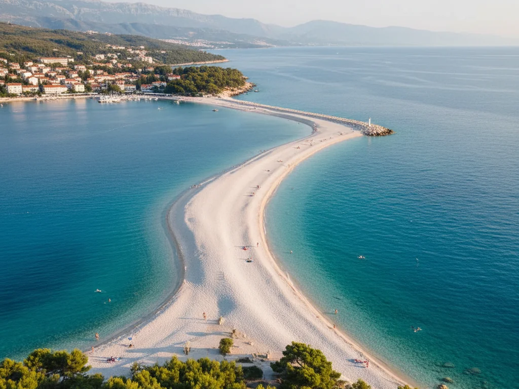 Zlatni Rat beach's distinctive white pebble spit jutting into crystal-clear blue waters near Bol.