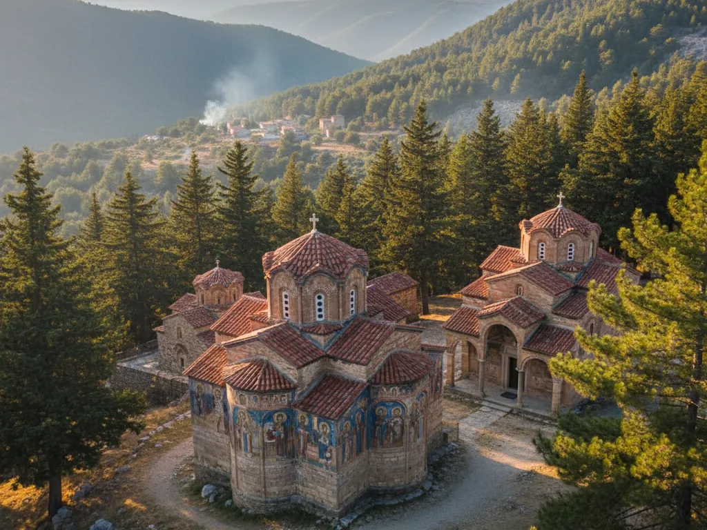 Painted churches with Orthodox frescoes nestled among pine forests in Troodos Mountains.