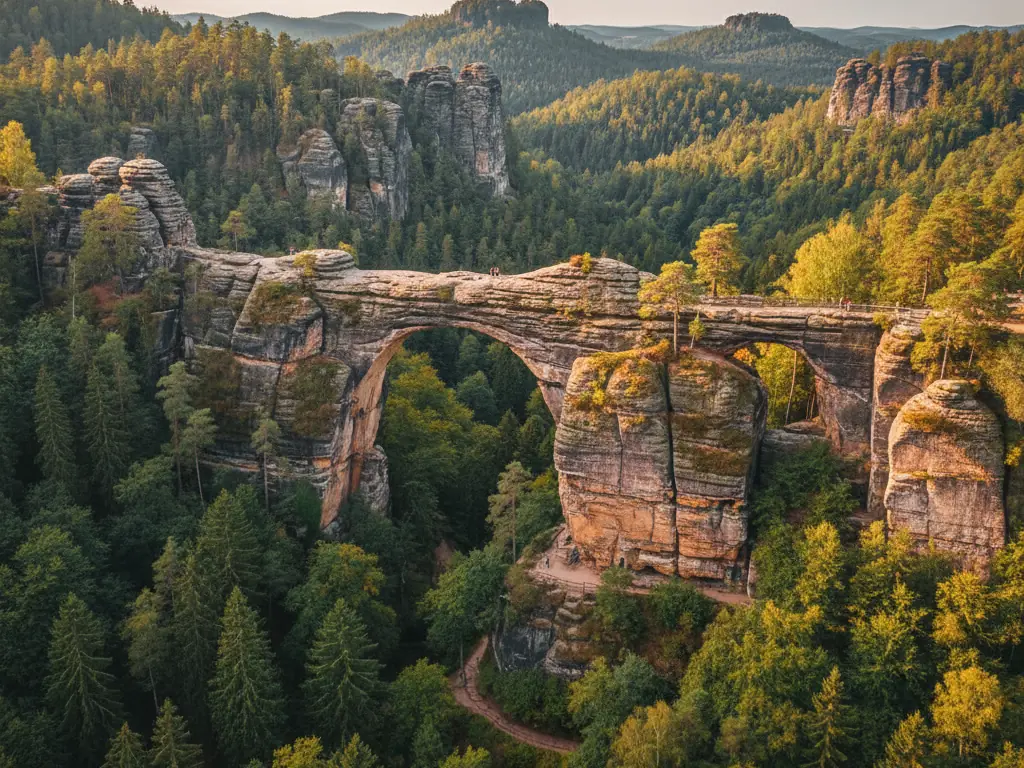 Bohemian Switzerland National Park's Pravčická Brána sandstone arch spanning forested gorge.