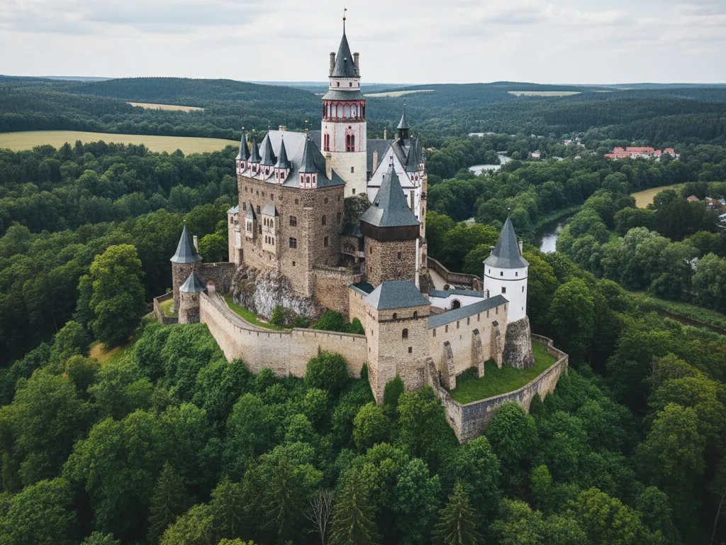 Karlštejn Castle's towering stone walls and turrets rising above dense green Bohemian forest.