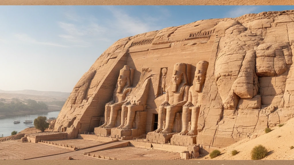Abu Simbel's colossal pharaoh statues carved into the sandstone cliff face.