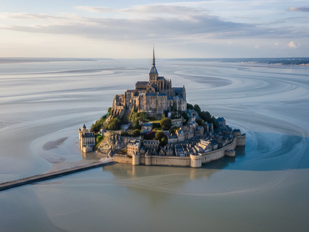 Mont Saint-Michel island monastery surrounded by tidal bay waters