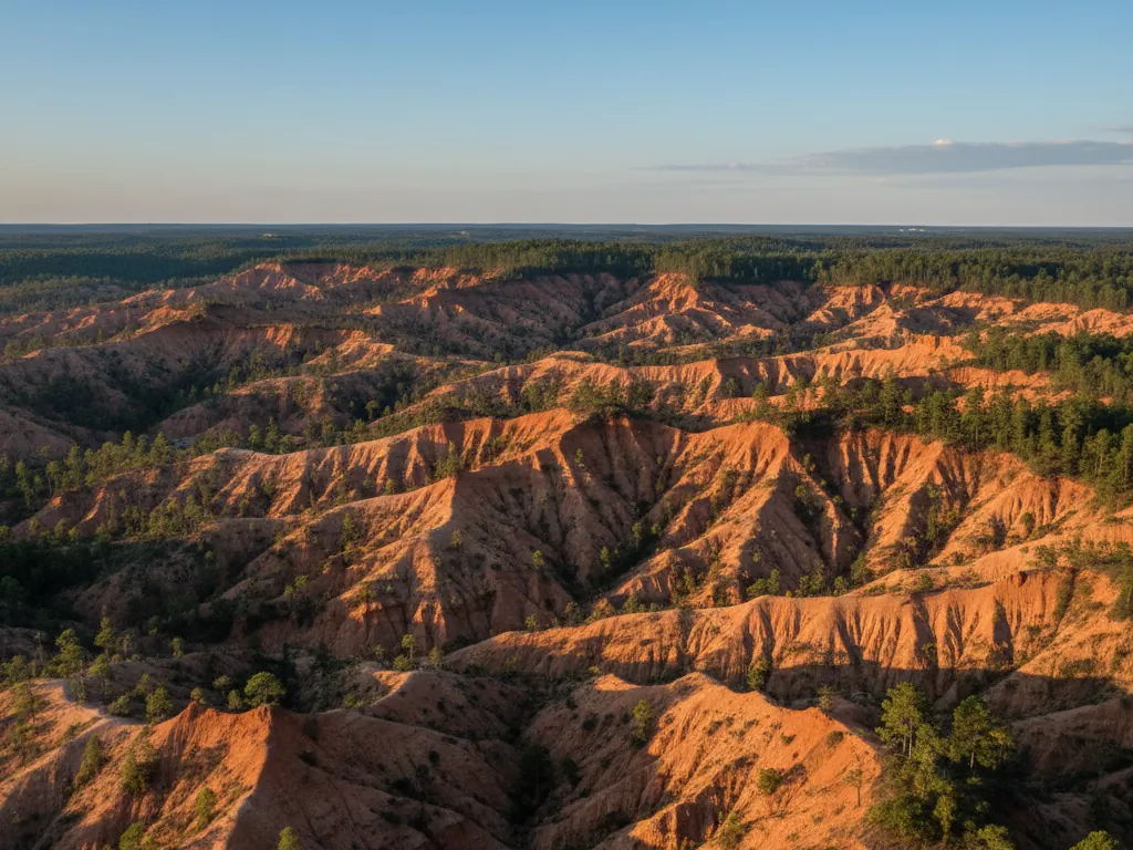 Providence Canyon's deep rust-colored gullies and ridges stretching across eroded Georgia landscape.