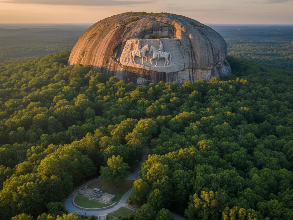 Stone Mountain's massive granite dome with carved Confederate Memorial rising above treetops.