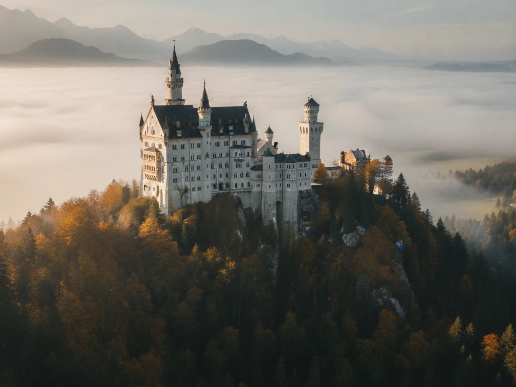 Neuschwanstein Castle's white turrets rising above Bavarian forest in morning mist
