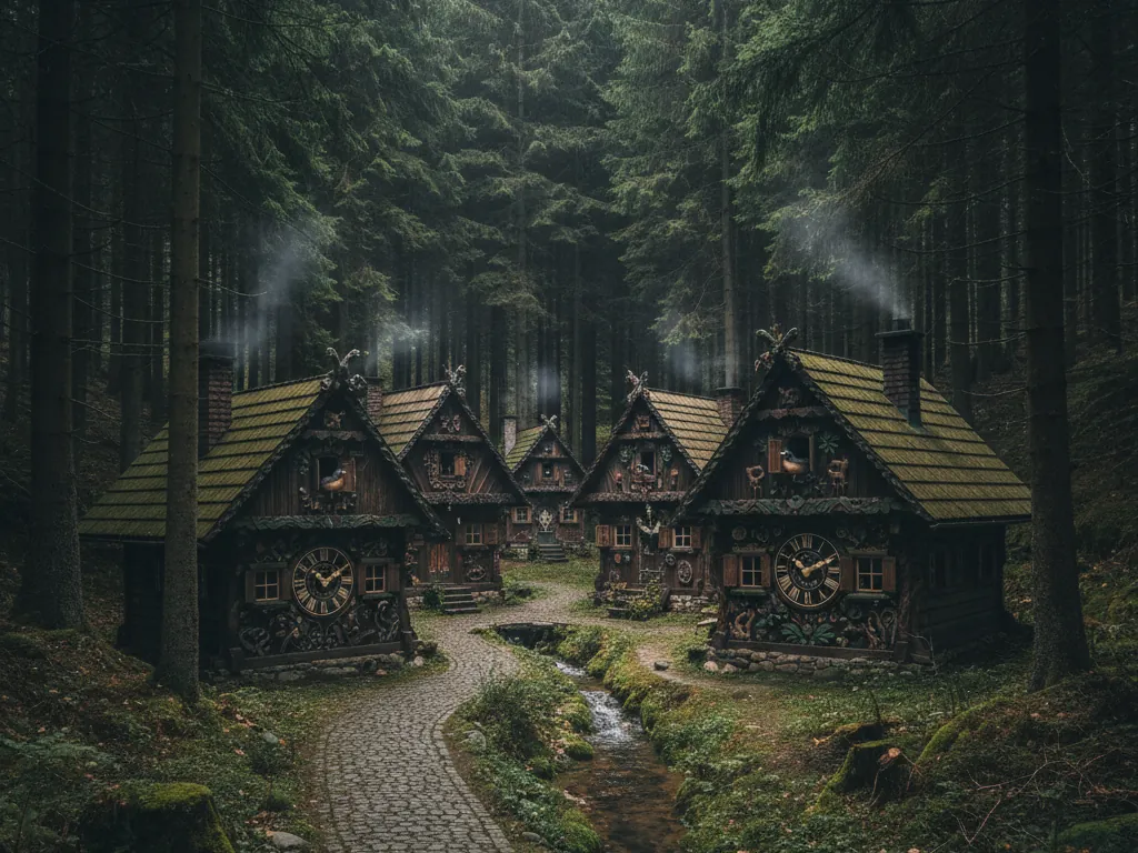 Black Forest's dense evergreen trees surrounding wooden cuckoo clock houses