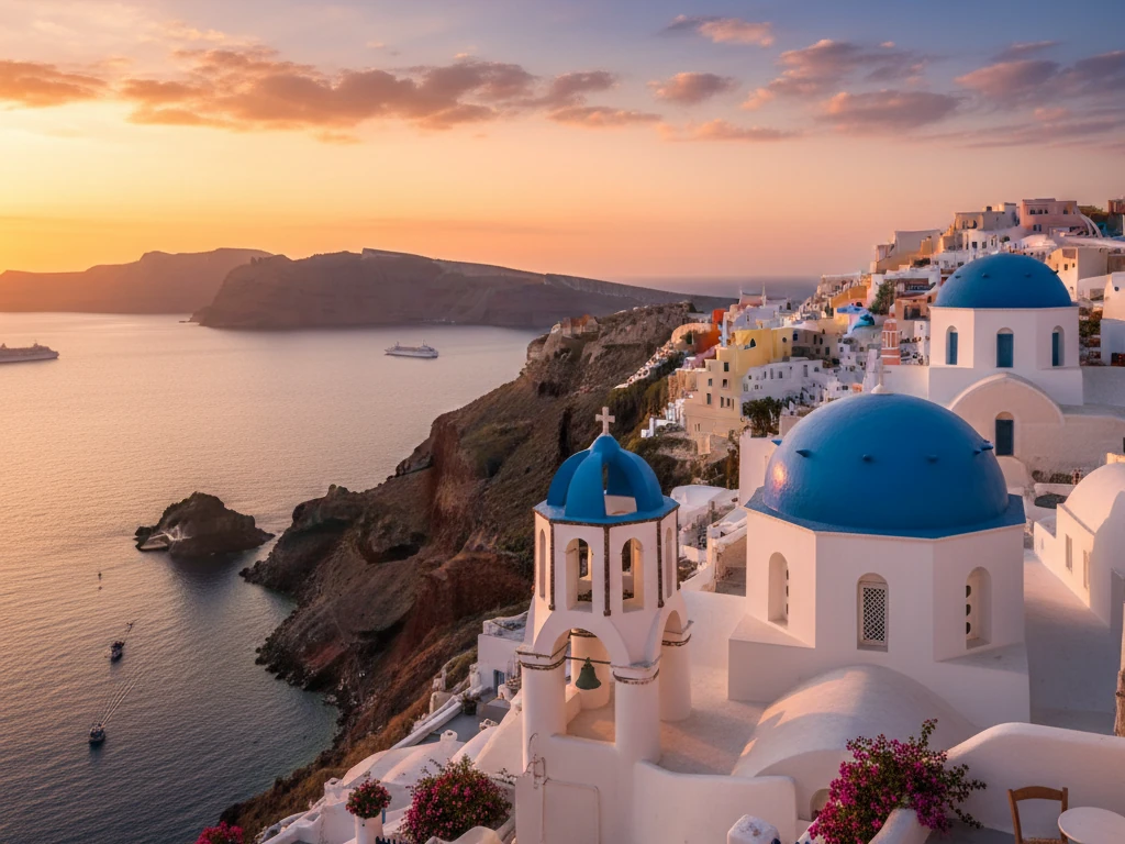 Whitewashed buildings with blue domes overlooking the Santorini caldera at sunset.