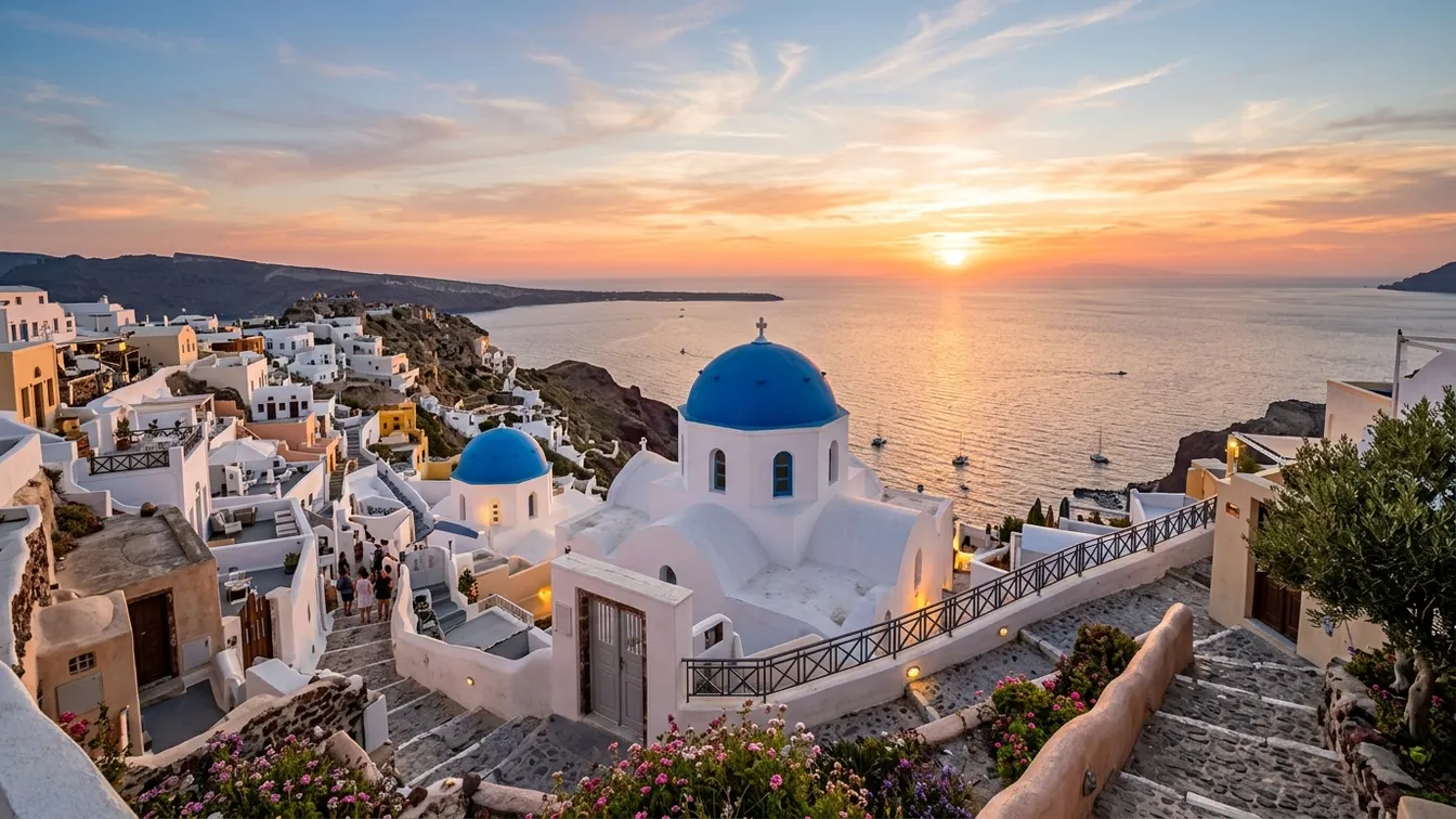 Blue domed churches Oia Santorini sunset