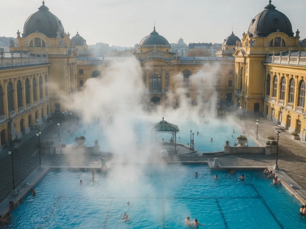 Széchenyi Thermal Bath's bright blue outdoor pools with steam rising, surrounded by yellow buildings.