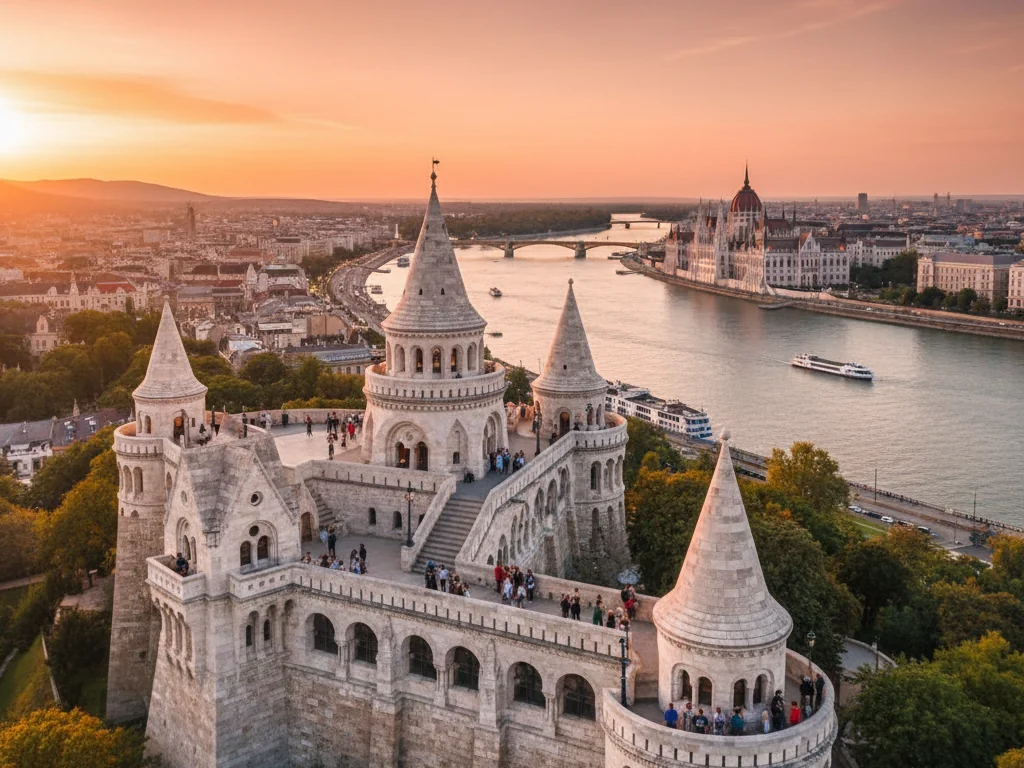 Fisherman's Bastion white towers and turrets overlooking the Danube River in Budapest.