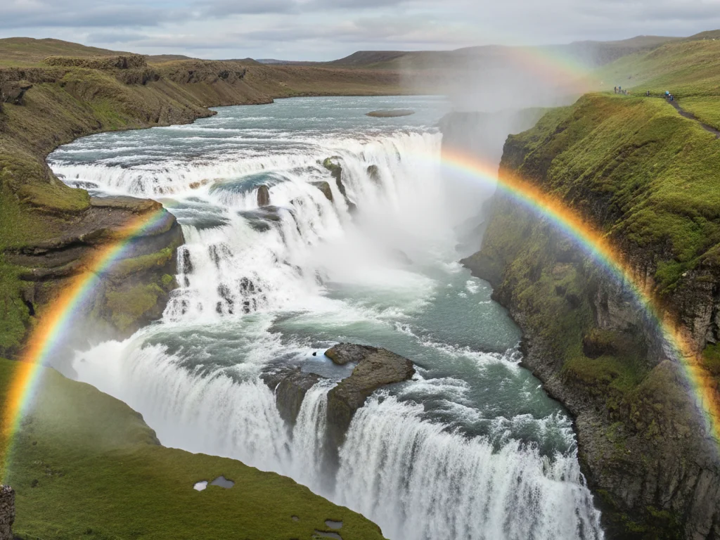 Gullfoss waterfall cascades down two tiers into narrow canyon with rainbow mist rising.