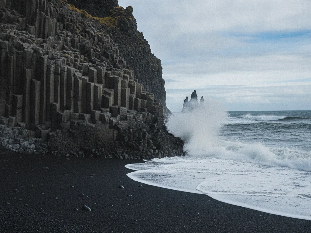 Reynisfjara black sand beach with towering basalt columns and crashing Atlantic waves nearby.