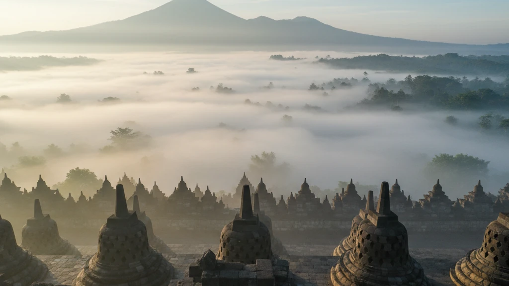 Borobudur Temple stone stupas and Buddha statues emerge from morning mist in Central Java.