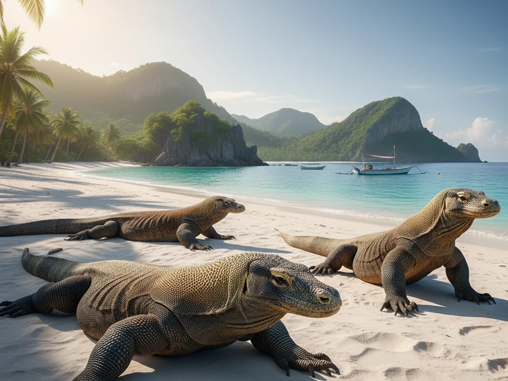 Komodo dragons lounging on sandy beaches of Komodo National Park under tropical sun.