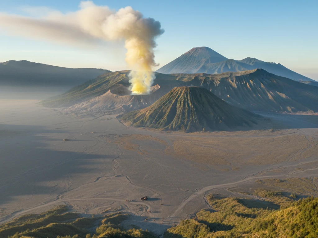 Mount Bromo volcano crater releasing sulfur smoke above vast Sea of Sand caldera.