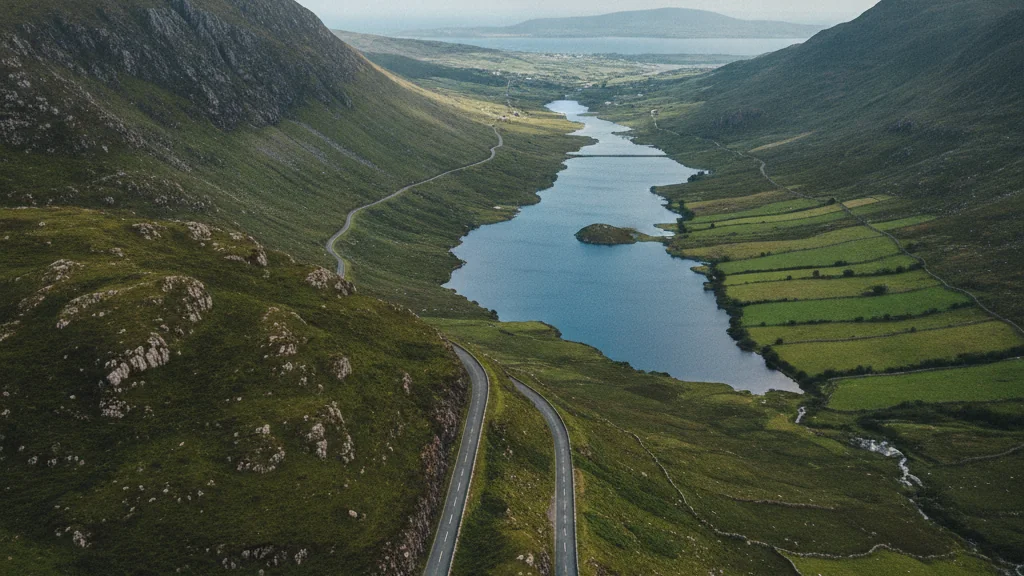 Ring of Kerry's winding coastal road revealing lakes, mountains, and green valleys in County Kerry.