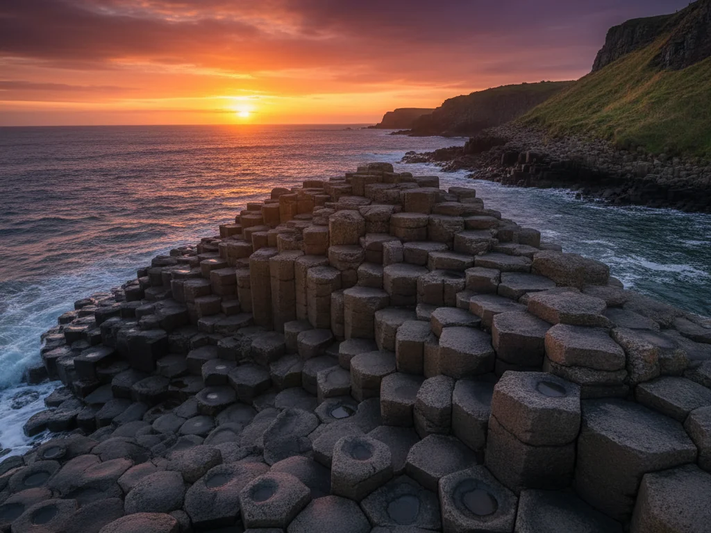 Giant's Causeway hexagonal basalt columns stretching across the rugged Northern Irish coastline at sunset.