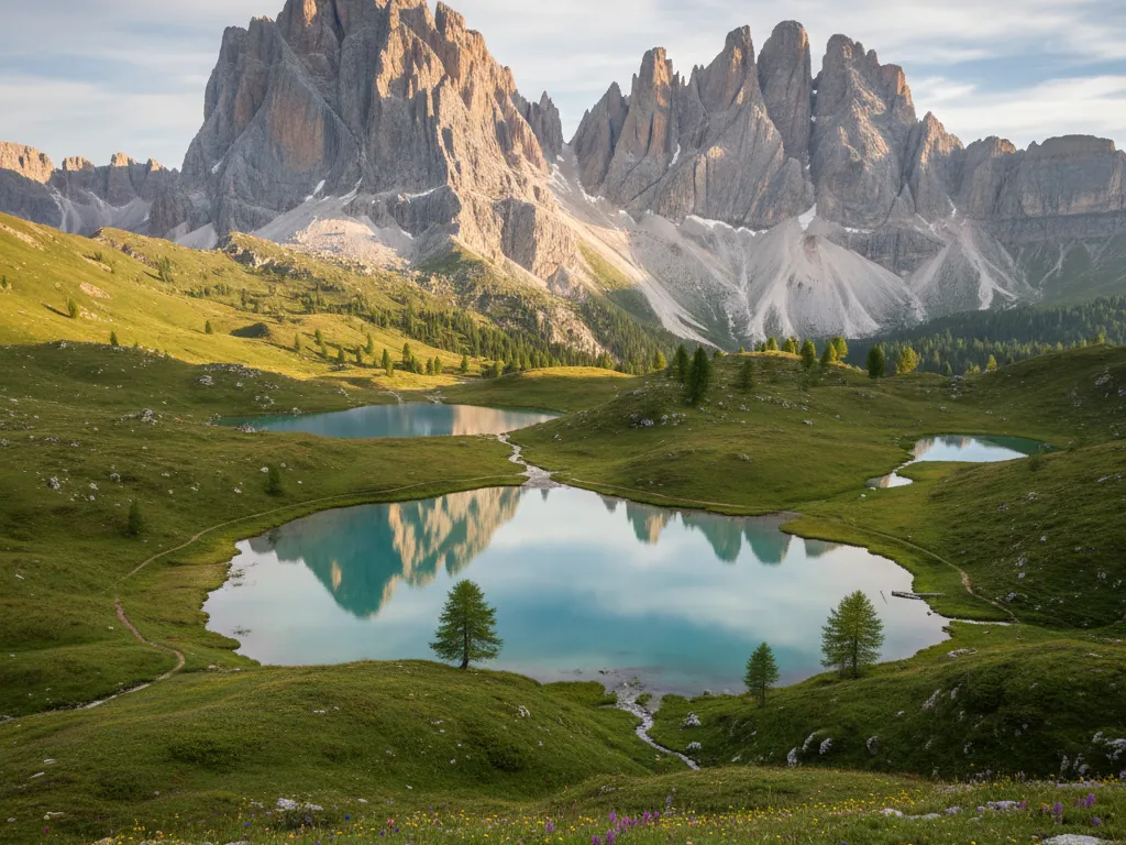 Dolomite mountain peaks rising above alpine meadows and crystal-clear lakes.