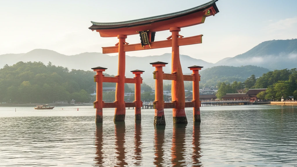 Miyajima Island's floating vermillion torii gate stands in Hiroshima Bay at high tide.