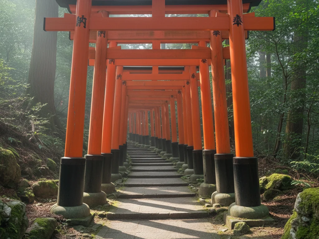 Fushimi Inari Shrine's vermillion torii gates wind endlessly up the forested mountainside.