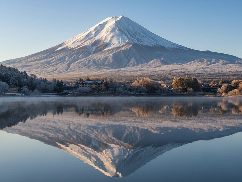 Mount Fuji's snow-capped peak rises above Lake Kawaguchi's mirror-still morning waters.