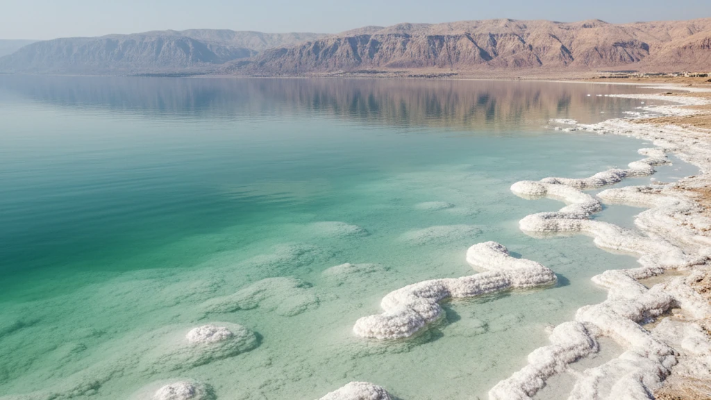 The Dead Sea's mineral-rich turquoise waters meeting white salt-crusted shores.