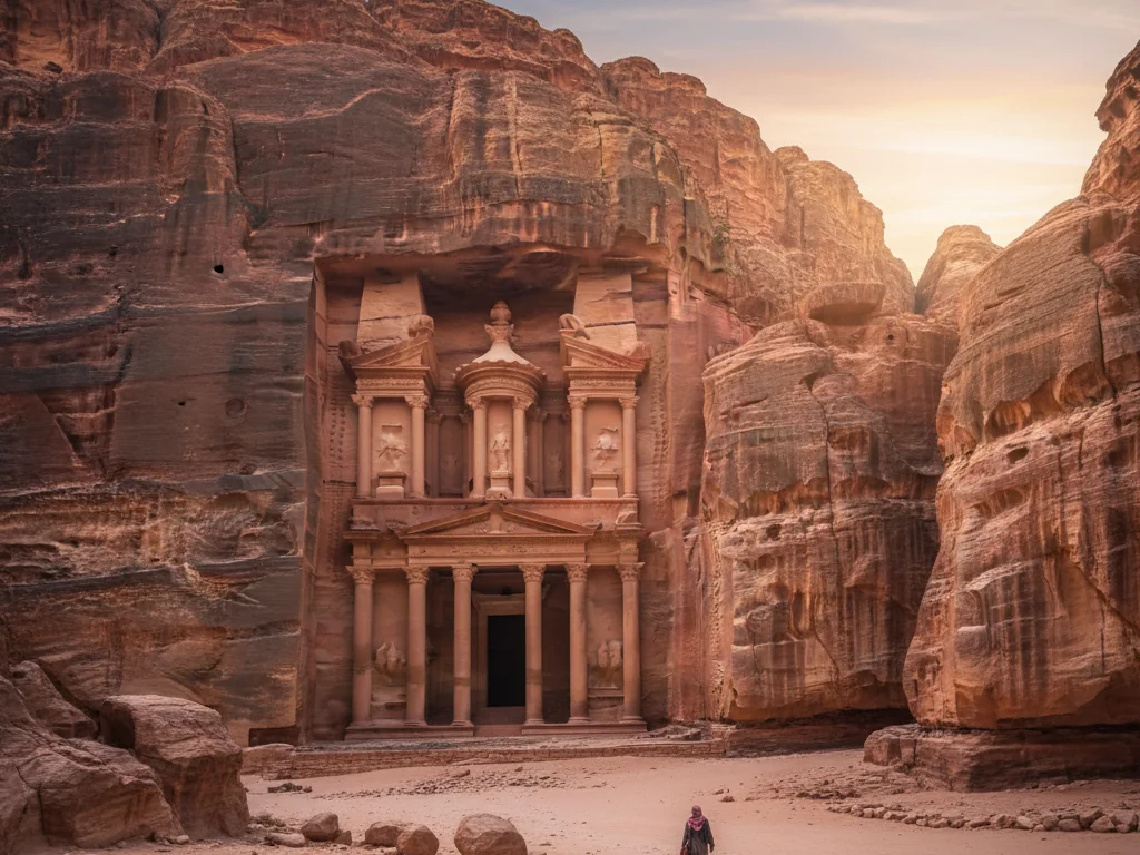 Ancient rose-red city of Petra carved into towering sandstone cliffs.