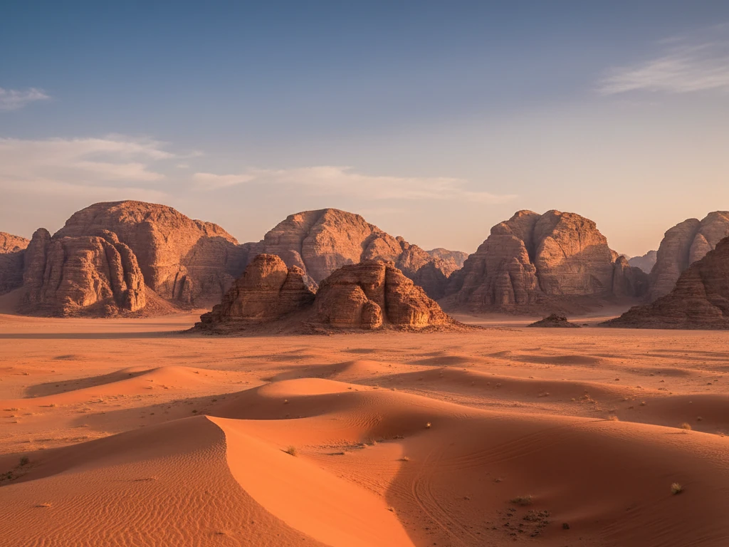 Wadi Rum's vast desert with dramatic red sand dunes and rock formations.