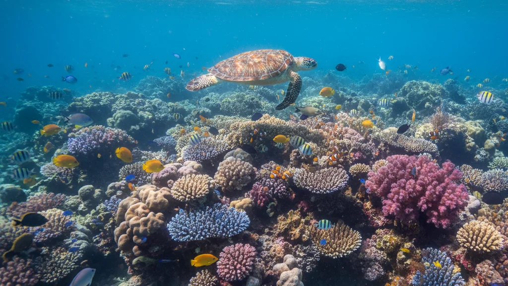 HP Reef's vibrant coral gardens teeming with tropical fish in crystal clear waters.