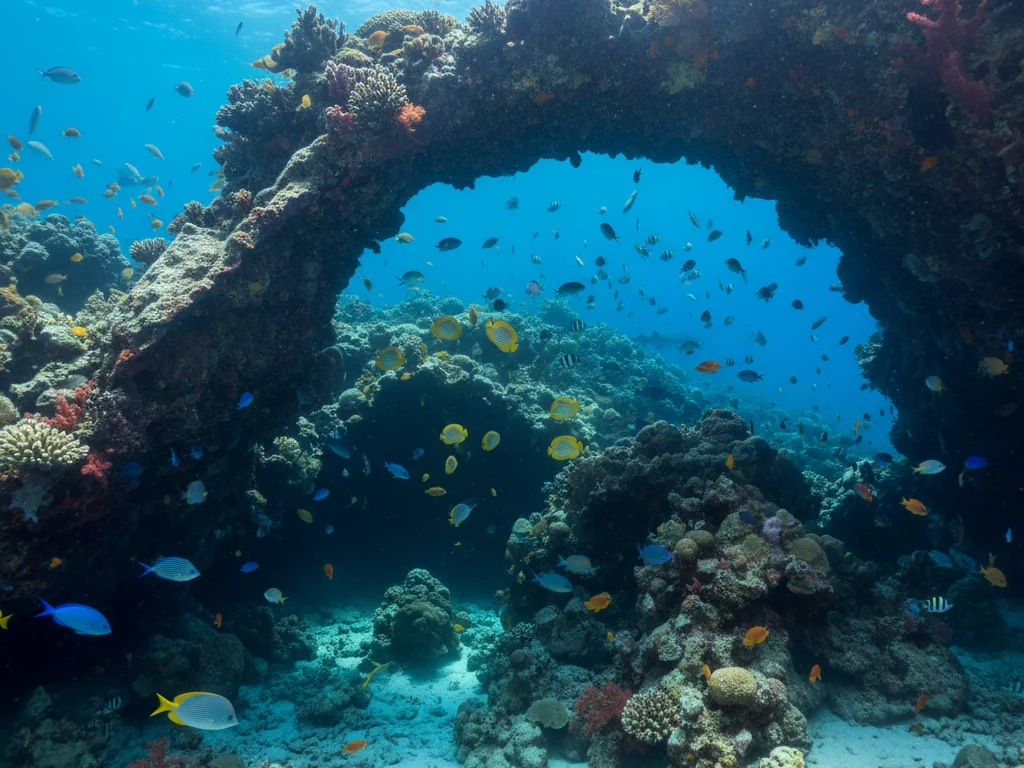 Banana Reef's dramatic overhangs and caves with swirling schools of colorful marine life.
