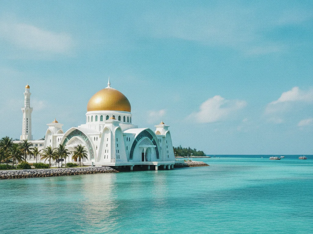Malé's Grand Friday Mosque with golden dome gleaming against turquoise Indian Ocean waters.