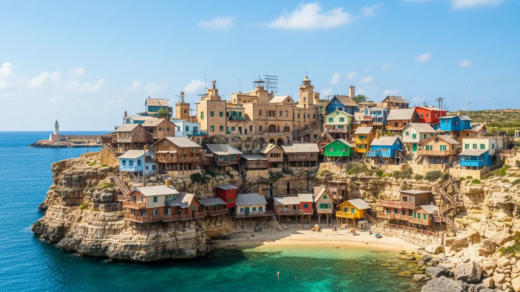 Popeye Village's colorful wooden houses perched on rocky cliffs at Anchor Bay.