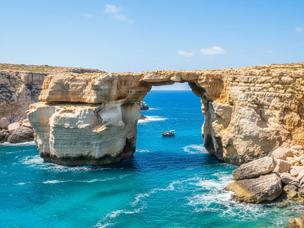 Azure Window's dramatic limestone arch rising from turquoise Mediterranean waters at Dwejra Bay.