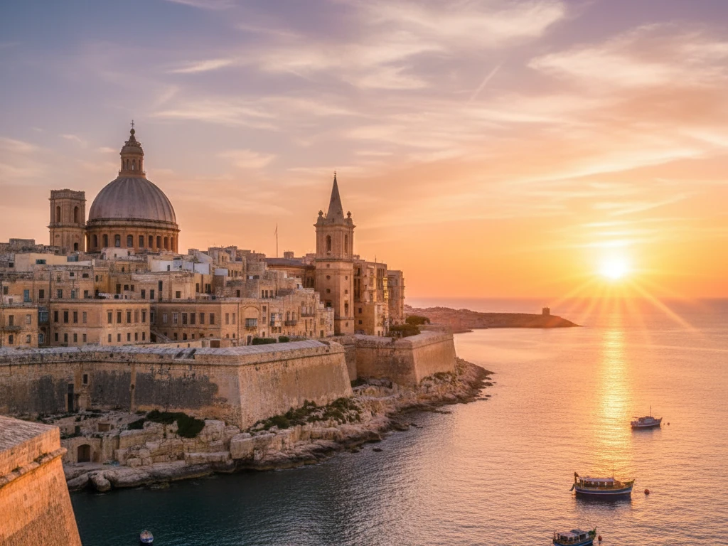 Golden sandstone walls and baroque domes of Valletta's Grand Harbour at sunset.