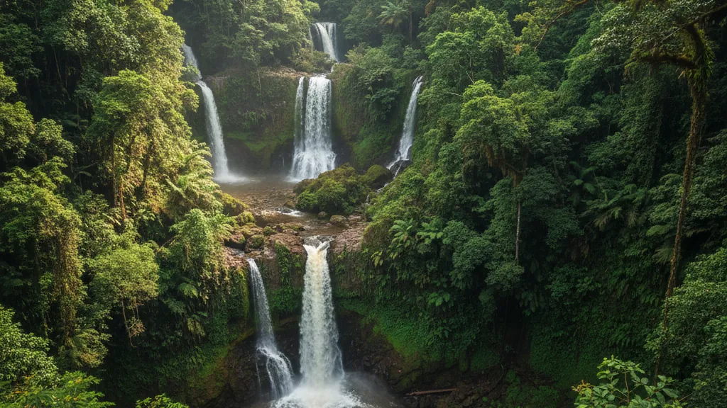 Black River Gorges National Park dense tropical forest canopy with waterfalls and endemic trees.