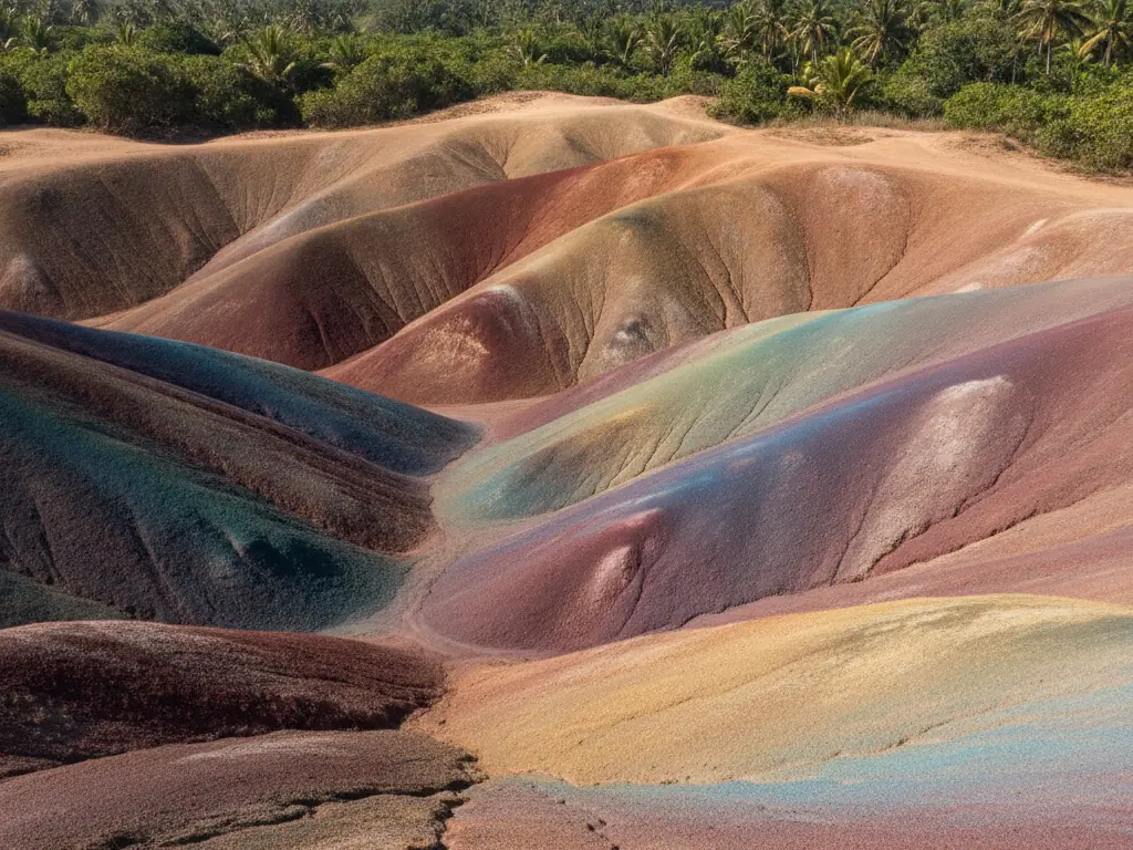 Chamarel Seven Coloured Earth dunes displaying red, brown, violet, green, blue, purple, yellow sands.