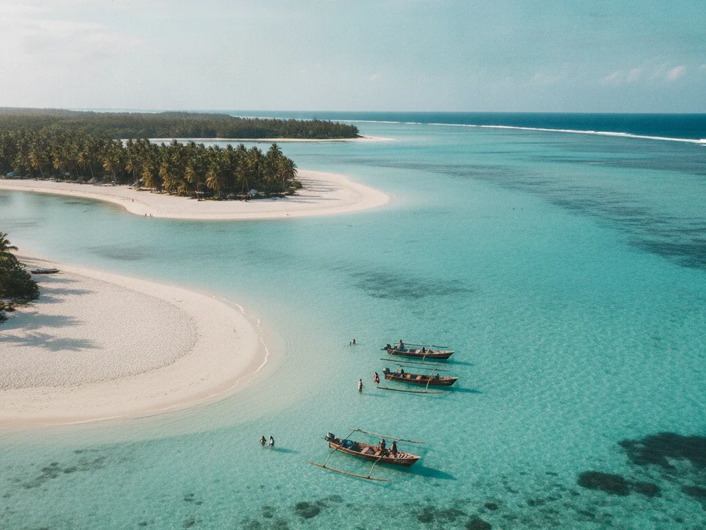 Ile aux Cerfs island white sandy beaches surrounded by crystal clear shallow lagoon.